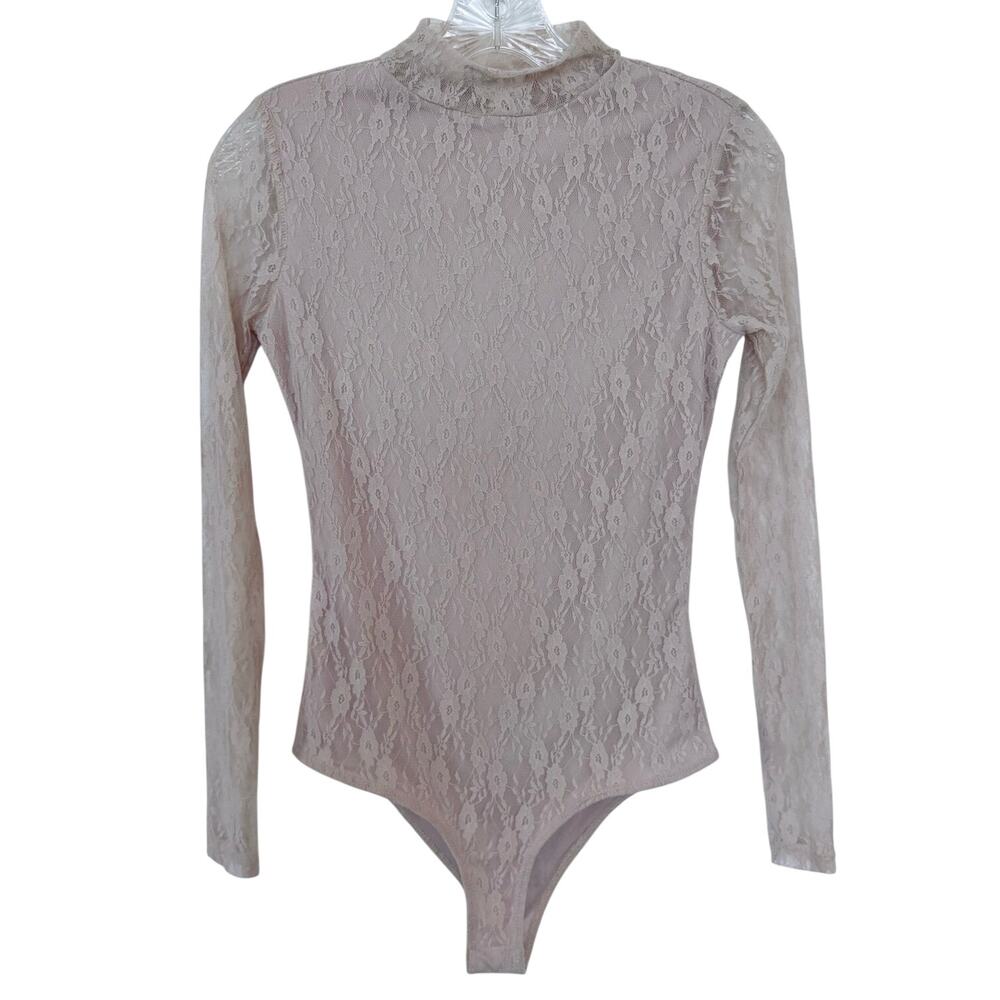 Floral Lace Bodysuit. Sheer Long Sleeves. Mock Neck Blush Pink Coquette Romantic